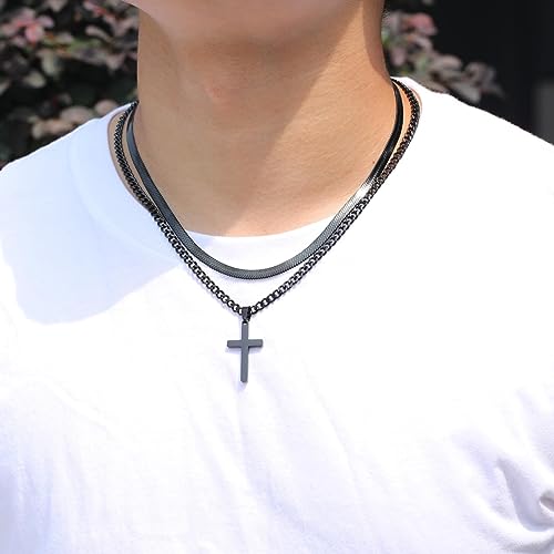 Zocomi Cross Necklace for Men Boys, Stainless Steel Layered Cuban Link Herringbone Chain Cross Pendant Christian Fashion Jewelry Gifts 16-24 Inches - color: Black, size: 16inch/18inch, style: Herringbone+Cuban