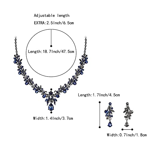Women's Wedding Jewelry Set Leaf Flower for Bridal Prom Party | Stunning Crystal Teardrop Marquise Cluster Pendant Necklace Dangle Earrings Set for Bride Bridesmaid - color: 06-Sapphire Color Black-Tone