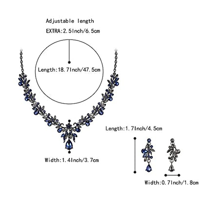 Women's Wedding Jewelry Set Leaf Flower for Bridal Prom Party | Stunning Crystal Teardrop Marquise Cluster Pendant Necklace Dangle Earrings Set for Bride Bridesmaid - color: 06-Sapphire Color Black-Tone