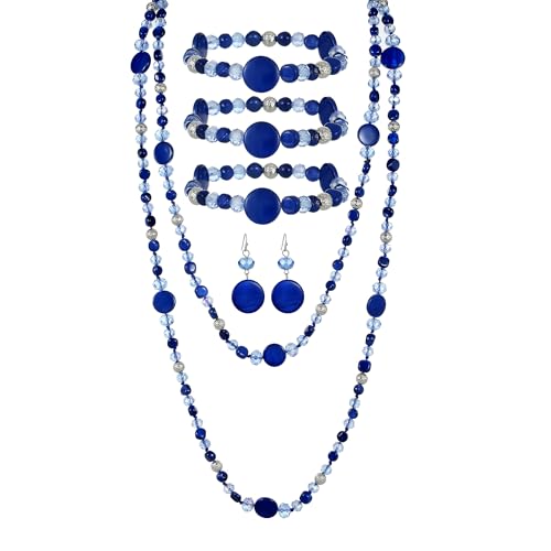 Trendy Infinity Wrap 60’’ Long Statement Necklace, Earrings and Bracelet Set - Hand Knotted Versatile Crystal and Shell Beads Strand Necklace and Chunky Beaded Stretch Bracelet Stack – Jewelry Set Gift for Women - color: Navy Blue