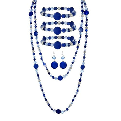 Trendy Infinity Wrap 60’’ Long Statement Necklace, Earrings and Bracelet Set - Hand Knotted Versatile Crystal and Shell Beads Strand Necklace and Chunky Beaded Stretch Bracelet Stack – Jewelry Set Gift for Women - color: Navy Blue