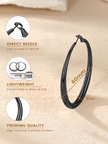 KeyStyle 5mm Thick Hoop Earring，Large Gold Hoop Earrings for Women | Stainless Steel Hoops Earring 14K Gold Plated/Silver/Black Hoop Lightweight Hypoallergenic Hollow Tube Hoop(40/60/80MM) - color: Black, size: 60mm