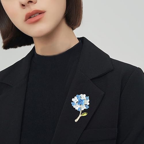 Blue White Hydrangea Flower Brooch Enamel Crystal Floral Lapel Pin Gold Plated Elegant Brooch for Women Suit Scarf Accessory - color: Blue
