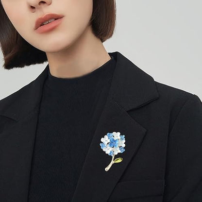 Blue White Hydrangea Flower Brooch Enamel Crystal Floral Lapel Pin Gold Plated Elegant Brooch for Women Suit Scarf Accessory - color: Blue