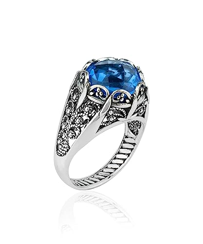 Filigranist 925 Sterling Silver Filigree Art Women Mini Dome Cocktail Ring with Gemstone, Gift Boxed - color: Blue Quartz