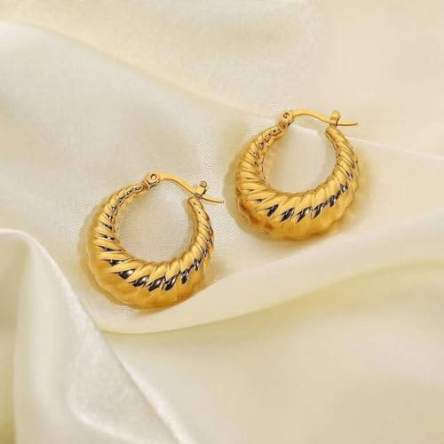 18K Gold Plated Stainless Steel Statement Earrings for Women - Trendy Hoops with Cubic Zirconia - Lightweight Non-Tarnish Waterproof Fashion Jewelry Gift - style: Croissant Twist Hoops