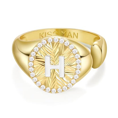 KissYan 14K Gold Plated Initial Ring for Women | Adjustable CZ Halo Letter Signet Ring, Personalized Monogram Statement Jewelry Gift, Tarnish Resistant - style: Letter H