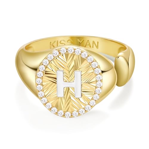 KissYan 14K Gold Plated Initial Ring for Women | Adjustable CZ Halo Letter Signet Ring, Personalized Monogram Statement Jewelry Gift, Tarnish Resistant - style: Letter H