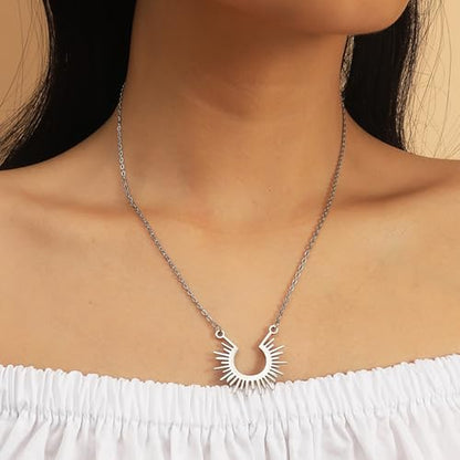Gold Compass Charm Necklace for Women, Trendy Simple Dainty Inspirational Compass Butterfly Bow Knot Red Christmas Mug Sun Friendship Necklaces Graduation Gifts - style: Silver Sun