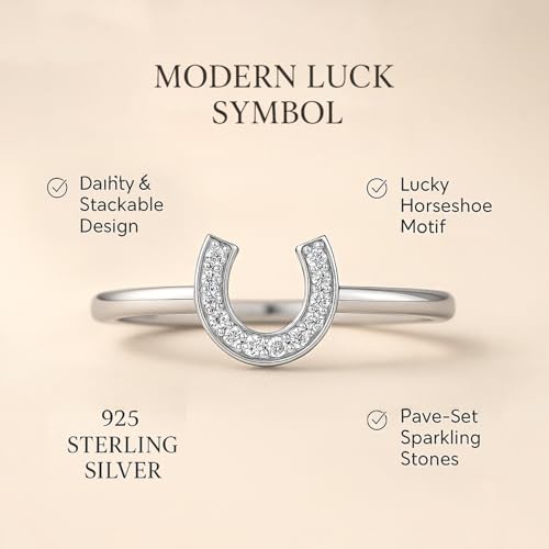 LeCalla 925 Sterling Silver Open Circle, Horseshoe & Tree of Love Designs Finger Ring | Minimalist Wedding Ring Jewelry | Lucky Charm Designs Rings with Cubic Zirconia | Women's Silver Rings - style: CZ Studded Horse Shoe