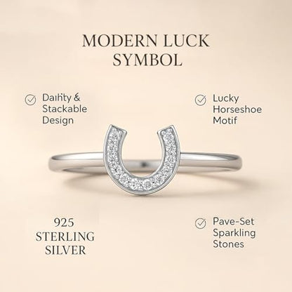 LeCalla 925 Sterling Silver Open Circle, Horseshoe & Tree of Love Designs Finger Ring | Minimalist Wedding Ring Jewelry | Lucky Charm Designs Rings with Cubic Zirconia | Women's Silver Rings - style: CZ Studded Horse Shoe