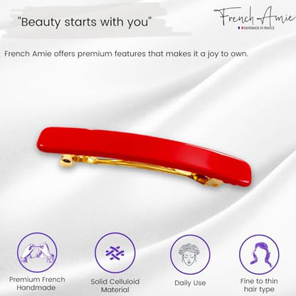 French Amie Bar Red Small 2 1/4 Inch Cellulose Acetate Hair Clip Barrette | Handmade Metal Clasp Rectangular For Fine Hair Bangs Half Up Styling Women Girls - color: Red