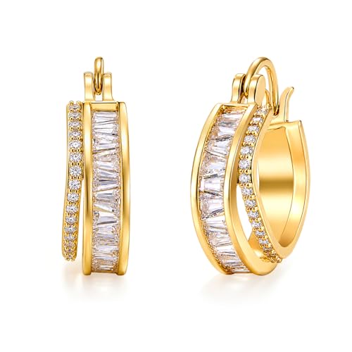 Gold Silver Huggie Hoop Earrings for Women 18K Gold & Sterling Silver Plated Cubic Zirconia Hoop Earrings Double Hoops Earrings Hypoallergenic Non Tarnish Earings Jewelry Gift - color: Gold-A
