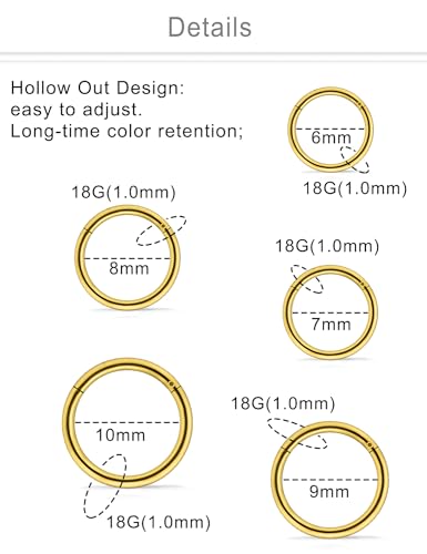 10PCS 20G/18G Surgical Steel Hinged Clicker Segment Nose Rings Hoops Septum Lip Ring Hoop Cartilage Tragus Helix Sleeper Earrings Piercing Jewelry for Women Men 6mm 7mm 8mm 9mm 10mm - color: 18g,6/7/8/9/10mm,goldtone