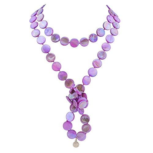 Firstmeet Flat Round Coin Shell Beads Long Knotted Necklace Natural Mother of Pearl Handmade Jewelry For Women - color: Purple AB