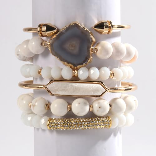 Yomisa 5PCS 6PCS Natural Boho Beaded Bracelets/Bangle for Women Men,Healing Turquoise Jasper Agate Crystal Gemstone Stone Chakra Multilayer Wrap Bohemian Handmade Jewelry Beads Stretch Bracelet Set - color: 1-6PCS-White