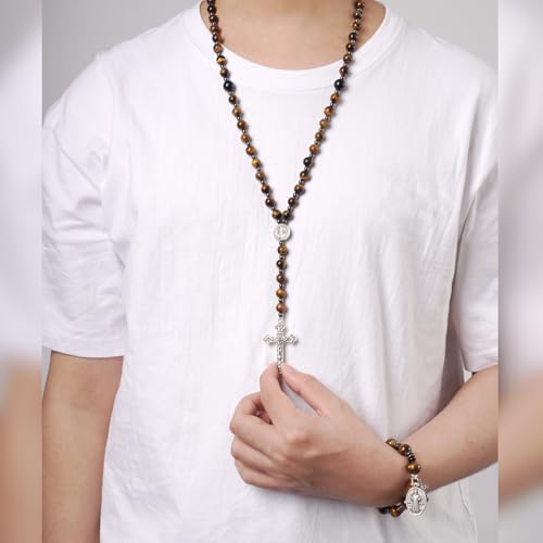 Rosary for Men Women, Natural Stone Beads with St. Benedict Bracelet | 8 mm Natural Stone Prayer Beads with 10 mm Accent Beads, St. Benedict Crucifix, Matching Bracelet, Gift Box and Pouch. - color: Tiger Eye