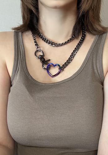 paloli Women's Slip Chain Rainbow Heart O-Ring Chunky Chain Necklace, Rays Cuban Long Layered Jewelry, Adjustable Lariat Y-Necklace Heart Loop Choker - color: D-Heart-Black-Rainbow