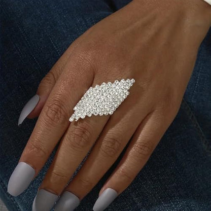 Sparkling Silver Rhombus Rhinestone Knuckle Ring for Women, Adjustable Geometric Crystal Open Finger Ring Minimalist Statement Jewelry Prom Gifts