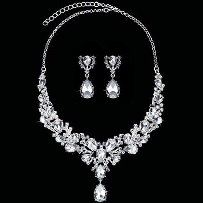 Hicarer Bridal Teardrop Cluster Crystal Jewelry Set for Women Necklace Earrings Wedding - color: Silver