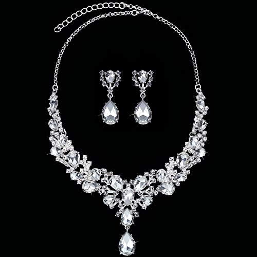 Hicarer Bridal Teardrop Cluster Crystal Jewelry Set for Women Necklace Earrings Wedding - color: Silver