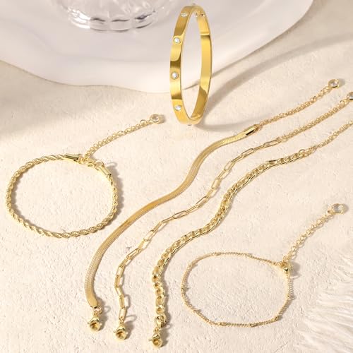 MOINSPIRE Bracelets for Women Non Tarnish, Dainty 18K Gold Plated Bracelets Stack Trendy Waterproof Stackable Bangles, Cuban Link Paperclip Chain Jewelry Set Fashion Accessories Gifts for Women - color: A1--Gold Clip Bead + Bracelet