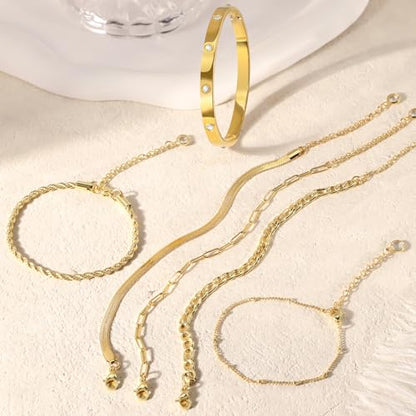 MOINSPIRE Bracelets for Women Non Tarnish, Dainty 18K Gold Plated Bracelets Stack Trendy Waterproof Stackable Bangles, Cuban Link Paperclip Chain Jewelry Set Fashion Accessories Gifts for Women - color: A1--Gold Clip Bead + Bracelet