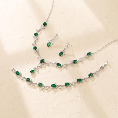 Crysdue Wedding Jewelry Set for Brides Bridesmaid, Cubic Zirconia Teardrop Marquise Leaf Cluster Pendant Necklace Bridal Tennis Bracelet Drop Earrings for Women Party Prom - style: A- CZ set-green, silver