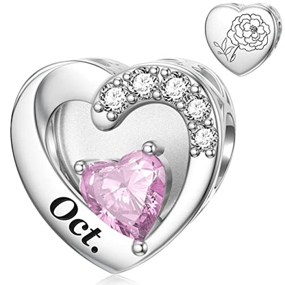SEVENWELL Jan-Dec Birthstone Charms for Pandora Bracelets, Heart Charm | Fits Most European Charm Bracelets, Sparkling Heart CZ, Birth Flower Engraved, Gift Ready, Nickel-Free - color: October Birthstone Charm