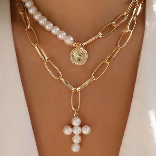 Layered Pearl Cross Pendant Necklace Set for Women,Vintage Coin Paperclip Statement Collarbone Necklace,Trendy Party Banquet Jewelry Accessories Gift
