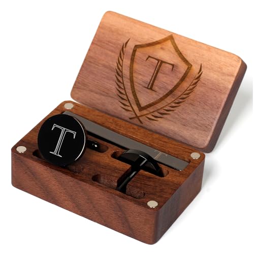 Mens Initial Cufflinks and Tie Clip A-Z Alphabet Letter Black Stainless Cuff Links Tie Bar with Engraved Walnut Wood Box Groom Groomsman Wedding Set - style: Classic-T