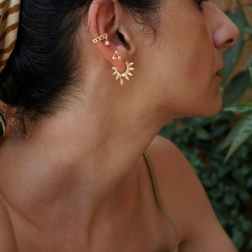Women Ear Cuff Earring Gold Non Pierced Ear Cartilage Clip on Wrap Hoop 14K Gold Filled Tiny Boho Beach Simple Minimalist Delicate Handmade Hypoallergenic Jewelry Gift-Sold as Single/Pair - style: Chain Hoop with Starburst Dangle /Pair