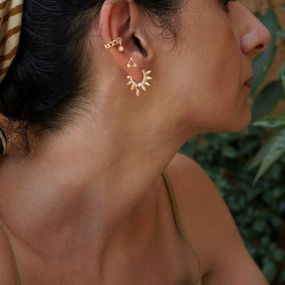 Women Ear Cuff Earring Gold Non Pierced Ear Cartilage Clip on Wrap Hoop 14K Gold Filled Tiny Boho Beach Simple Minimalist Delicate Handmade Hypoallergenic Jewelry Gift-Sold as Single/Pair - style: Chain Hoop with Starburst Dangle /Pair