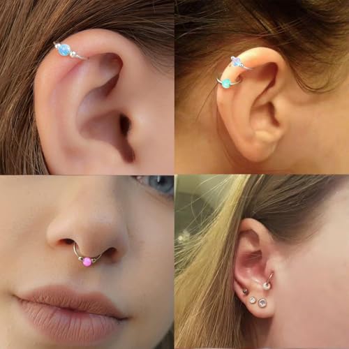 2 Pcs Small Cartilage Hoop Earrings for Women Men, 18G Opal Silver Earrings Hypoallergenic 316L Surgical Steel Hinge Huggie Hoop Earrings for Helix,Tragus,Conch,Rook,Earlobe Piercing Jewelry Nose Ring - style: 1Pc8mm+1Pc10mm Purple Opal/Silver