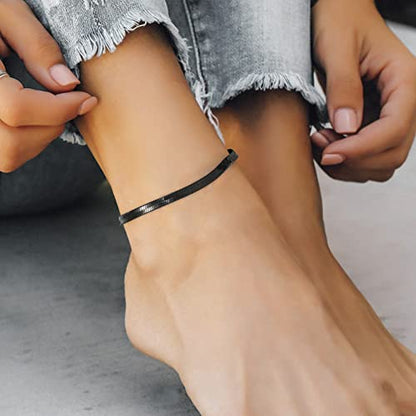 Adjustbale Link Chain Anklet for Women Summer Jewelry, 316L Stainless Steel Figaro/Wheat/Twist Rope/Cuban Foot Bracelet-Waterproof, Resizable 9"-12" (Gift Box Included) - color: 6, Herringbone - Black-5mm