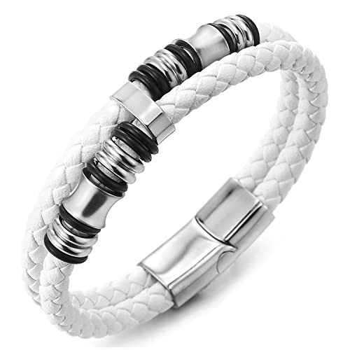 COOLSTEELANDBEYOND Mens Double-Row Braided Leather Bracelet Bangle Wristband with Black Stainless Steel Ornaments - color: J-White Silver