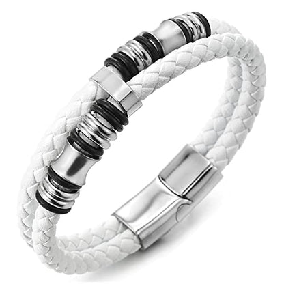 COOLSTEELANDBEYOND Mens Double-Row Braided Leather Bracelet Bangle Wristband with Black Stainless Steel Ornaments - color: J-White Silver
