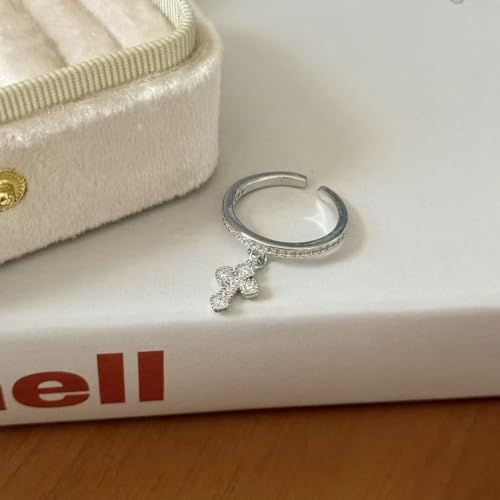 Dangle Little Cross Cubic Zirconia Ring for Women Dainty Crystal Faith Adjustable Open Stacking Promise Eternity Thin Rings Comfort Fit Fashion Wedding Engagement Band Cute Religion Protection Jewelry