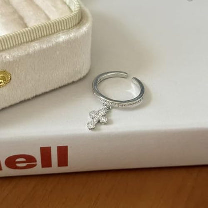 Dangle Little Cross Cubic Zirconia Ring for Women Dainty Crystal Faith Adjustable Open Stacking Promise Eternity Thin Rings Comfort Fit Fashion Wedding Engagement Band Cute Religion Protection Jewelry