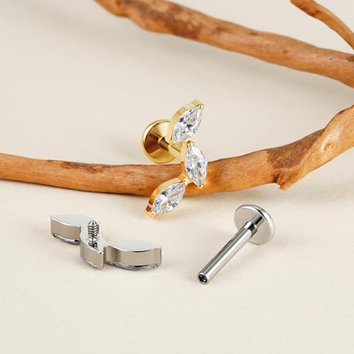 FINE4U 16G CZ Cluster Climber Cartilage Earring for Helix, Tragus - ASTM F136 Titanium Triple Marquise Labret Stud, Screw on Nickel Free Flat Back Jewelry - color: Triple Marquise - White CZ - Gold