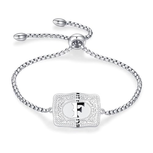 Belt Buckle Initial Bracelet for Women, 18K Gold/Silver Plated Belt Buckle Initial A-Z Bracelet, Unique Western Style Jewelry Gifts for Women Men - style: F