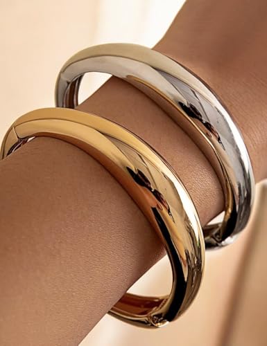 Chunky Gold Bangle Bracelets for Women, Dainty 14k Gold Plated Big Stackable Bangles Set, Trendy Statement Cuff Bracelet Stack Fashion Jewelry Gifts - style: 2 Silver & gold bangles