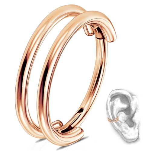 G23 Titanium Conch Piercing Jewelry Hoop: 16G 8mm/10mm/12mm Diamond Cartilage Earring Helix Double Piercing Hoop Septum Rings Hypoallergenic Nose Rings Hinged Segment Clicker Lip Rings Rook Daith Tragus Earrings - color: Rose Gold-Double Layers