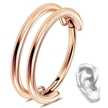 G23 Titanium Conch Piercing Jewelry Hoop: 16G 8mm/10mm/12mm Diamond Cartilage Earring Helix Double Piercing Hoop Septum Rings Hypoallergenic Nose Rings Hinged Segment Clicker Lip Rings Rook Daith Tragus Earrings - color: Rose Gold-Double Layers