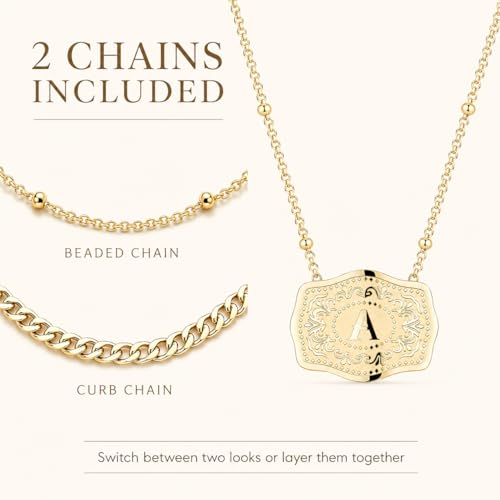 14K Gold-Plated Initial Necklace for Women, Western Belt Buckle Letter Pendant, Alphabet Necklace Includes 2 Chains, Cowgirl Jewelry Gift - color: Q