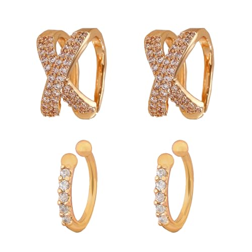 2 Pairs Ear Cuff Earrings for Women 14K Gold Plated Non Tarnish Gold Ear Cuffs Set Cute Fake Piercings Earings Rhinestones Clip On Earrings Wraps Jewelry - color: Rose Gold-1