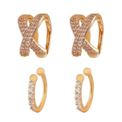 2 Pairs Ear Cuff Earrings for Women 14K Gold Plated Non Tarnish Gold Ear Cuffs Set Cute Fake Piercings Earings Rhinestones Clip On Earrings Wraps Jewelry - color: Rose Gold-1