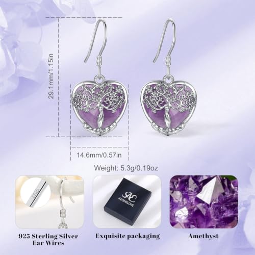 AEONSLOVE Tree of Life Crystal Earrings with Sterling Silver Ear Hooks, Dangle Drop Tree Earrings Gifts for Women - style: A01-Amethyst-Heart