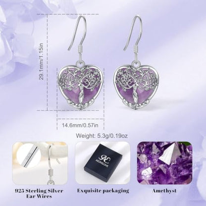 AEONSLOVE Tree of Life Crystal Earrings with Sterling Silver Ear Hooks, Dangle Drop Tree Earrings Gifts for Women - style: A01-Amethyst-Heart