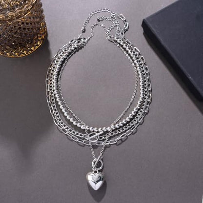 Chunky Gold Necklace Stack Layered Gold Necklaces for Women Non Tarnish Silver Statement Necklace Paperclip Chain Necklace Set Layering Big Heart Coin Cross Necklace Chunky Jewelry - style: 1 - silver with heart